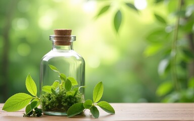 Eco-friendly living with glass bottle and fresh green leaves for sustainable lifestyle marketing content. High quality