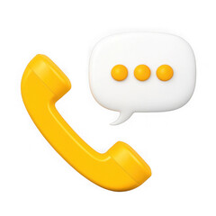Bright yellow 3d telephone handset with speech bubble and ellipsis icons transparent background