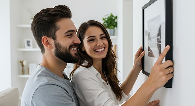 Happy couple hanging picture on white wall together. Interior design - Powered by Adobe