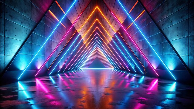 Vibrant neon triangle tunnel with reflective floor
