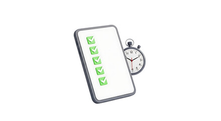 Smartphone with checklist and pocket watch isolated on transparent background