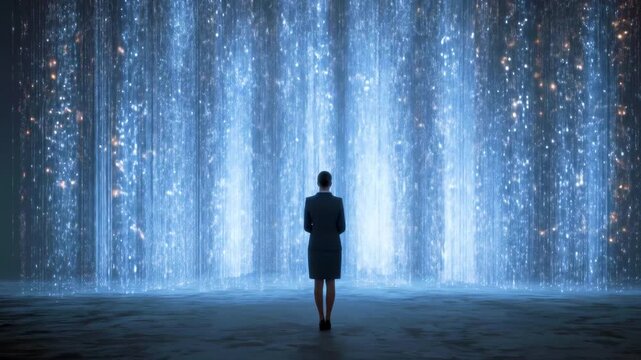 A person stands in awe before a mesmerizing digital waterfall display, immersed in a futuristic environment
