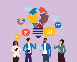 Diverse people discussing business vector illustration. infographic diversity colleagues with business icons, discussing idea, business plan and company growth