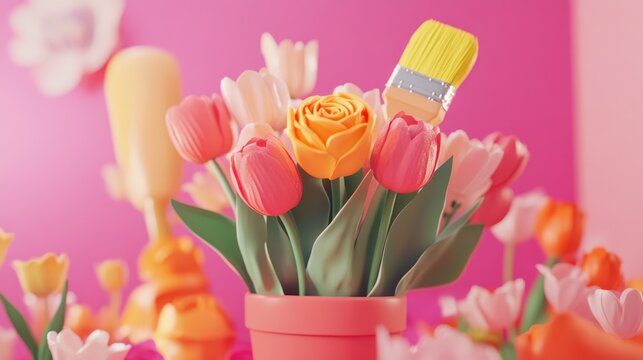 Spring tulips paintbrush pot pink background floral design - Powered by Adobe