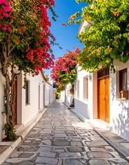 Naklejka premium Picturesque whitewashed alleyway with bougainvillea