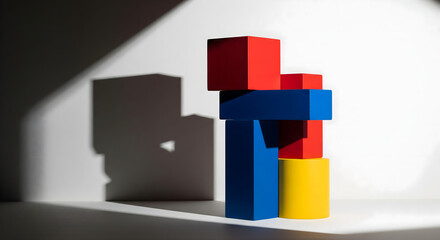 Obraz premium A minimalist composition of stacked geometric blocks or product display podium in primary colors casting a bold shadow on a stark white surface