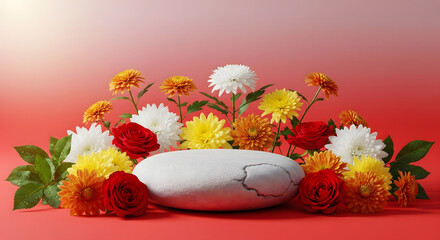 Elegant white stone product display podium surrounded by a vibrant floral arrangement of roses and chrysanthemums on a radiant red gradient background