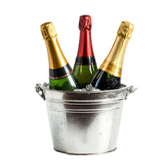 Celebratory champagne bottles chilling in an ice bucket against a dark background