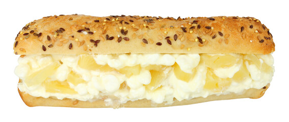Cottage cheese and pineapple sandwich in a crusty multi seed covered baguette bread roll isolated on a white background