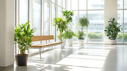 Modern waiting area with plants, bright sunlight, city view