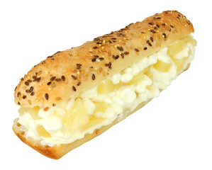 Cottage cheese and pineapple sandwich in a crusty multi seed covered baguette bread roll isolated...