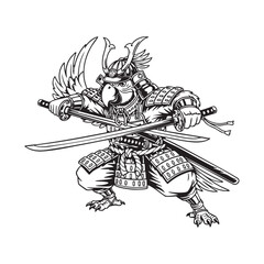 Vector art of a parrot samurai warrior in full armor, wielding crossed katanas,showcasing a blend of avian and martial arts elements