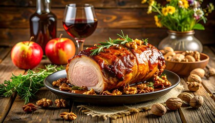Aromatic roasted pork loin, glazed with a rich sauce, is garnished with walnuts and fresh herbs on a rustic wooden table.