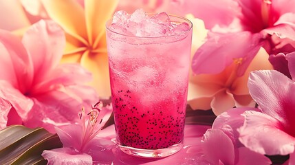 A dragon fruit soda with pink hues served in a modern glass surrounded by tropical flowers