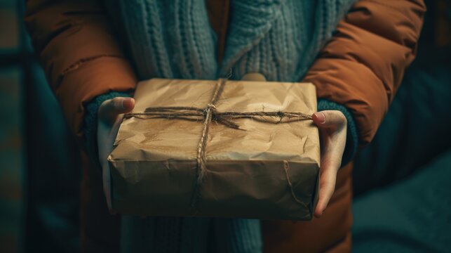 Female adult dressed in winter clothes holding eco-friendly parcel wrapped in brown kraft paper and tied with rustic twine giving sustainable gift package during cold season on outdoor background