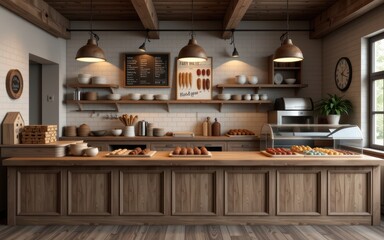 Cozy bakery display concept. Cozy bakery interior with wooden decor and fresh pastries displayed.