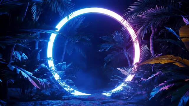 Glow Ring Portal Surrounded by Tropical Forest at Night with Blue Purple Illumination