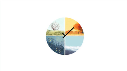 Fototapeta premium Four Seasons Clock Illustration with Tree Scenes for Nature & Time Themes