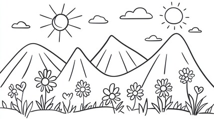 Simple black and white mountain landscape with flowers.  Possible use coloring book, children's book, educational material