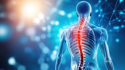 X-ray of human spine on blue background with yellow and 3D rendering skeleton