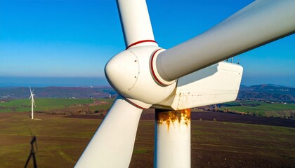 A powerful white wind turbine propeller on a generator tower provides renewable energy under a blue sky