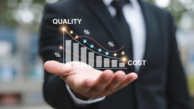 Decreasing cost and increasing quality presented by businessman - Powered by Adobe