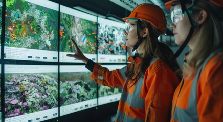 Obraz premium Two female environmental engineers wearing orange protective uniforms and helmets analyzing digital terrain and vegetation maps with touch screen technology during ecological monitoring project.