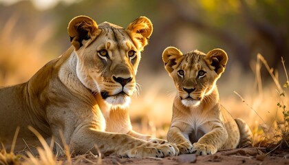 Obraz premium Two lions, a majestic adult female and a playful young cub, rest peacefully in a golden savanna setting, their gaze subtly directed toward the viewer, captured at sunrise.