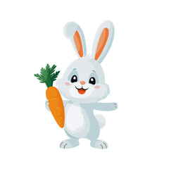 Fototapeta premium rabbit cute cartoon white holding a carrot with a cheerful expression in a simple background PNG background 