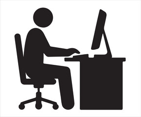 Black silhouette vector illustration of an office worker sitting on chair at desk using computer, simple workplace design concept symbolizing business, job, technology, productivity, and corporate lif