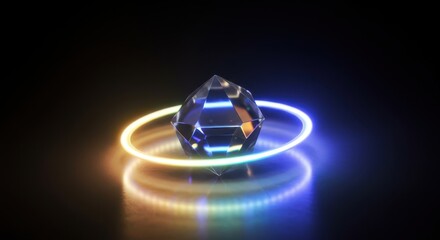 A multifaceted crystal orb rests within a glowing, vibrant ring of light, casting captivating reflections on a dark surface.