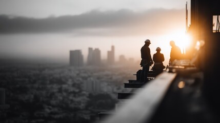 Obraz premium Safety Crew Working on Construction Project at Sunset in Urban Area