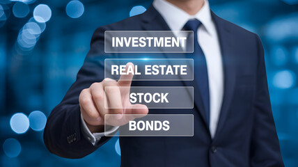 Businessman choosing investment options for financial growth on digital screen