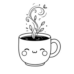 Kawaii Coffee or Tea Cup with Leaf Steam – Cute Line Art Illustration