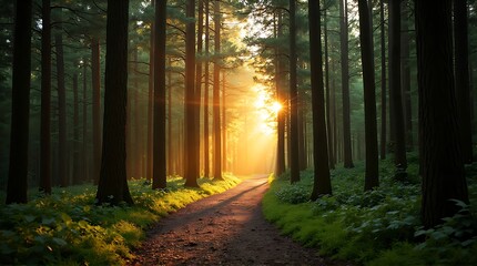Fototapeta premium Sunlit Forest Path with Golden Light Through Tall Trees