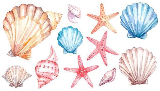 Watercolor seashells and starfish