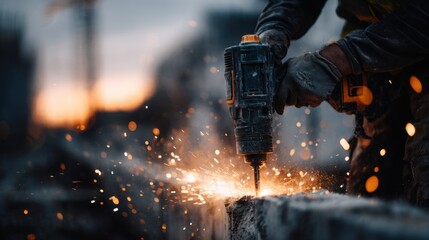 Obraz premium Construction Worker Using Driller at Sunset with Sparkles Flying