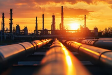 Industrial Oil Refinery at Sunset with Pipeline System Emphasizing Energy Infrastructure and Oil and Gas Production