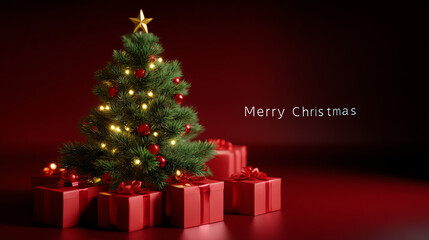 A decorated Christmas tree with glowing lights and red ornaments stands surrounded by red gift boxes with bows against a dark red background with "Merry Christmas" text
