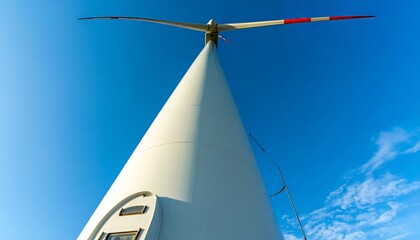 A powerful white wind turbine propeller on a generator tower provides renewable energy under a blue sky