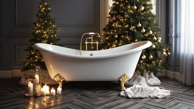 Luxury bathroom interior with Christmas decorations. Bath near window with Christmas tree and candles. A romantic setting for a date, relax time, celebrating Christmas or New Year with mountains view