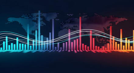 Dynamic global market trends visualized with vibrant bar charts and flowing data lines against a world map background