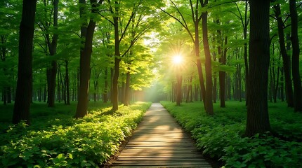 Obraz premium Bright Sunlight Illuminating a Serene Woodland Trail in Spring