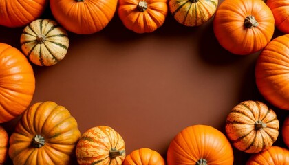 Autumnal pumpkins and squash forming colorful rustic border against warm brown background, offering generous negative space for graphic design needs blank copy space