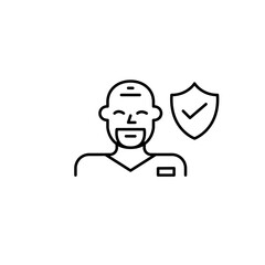 Male nurse, shield and checkmark. Verified nursing care, trusted healthcare provider, secure patient support. Pixel perfect, editable stroke vector icon
