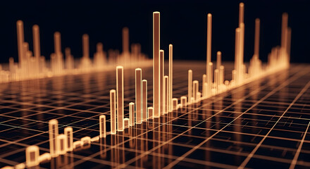 Dynamic glowing data bars rise on a futuristic grid, visualizing growth and financial success