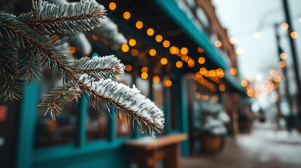 Snow-covered pine branch in sharp focus with blurred bokeh lights and winter street scene in the background, creating a cozy, festive atmosphere