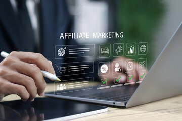 Affiliate marketing concept. Digital marketing, Marketing strategies to advertise products and services. Businessman using laptop with affiliate marketing icons for new business.