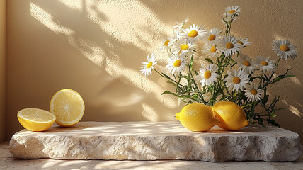Sunlit Lemons and Daisies Still Life on Light Stone