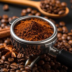 Close-up view of ground coffee in a portafilter, surrounded by coffee beans and spices.